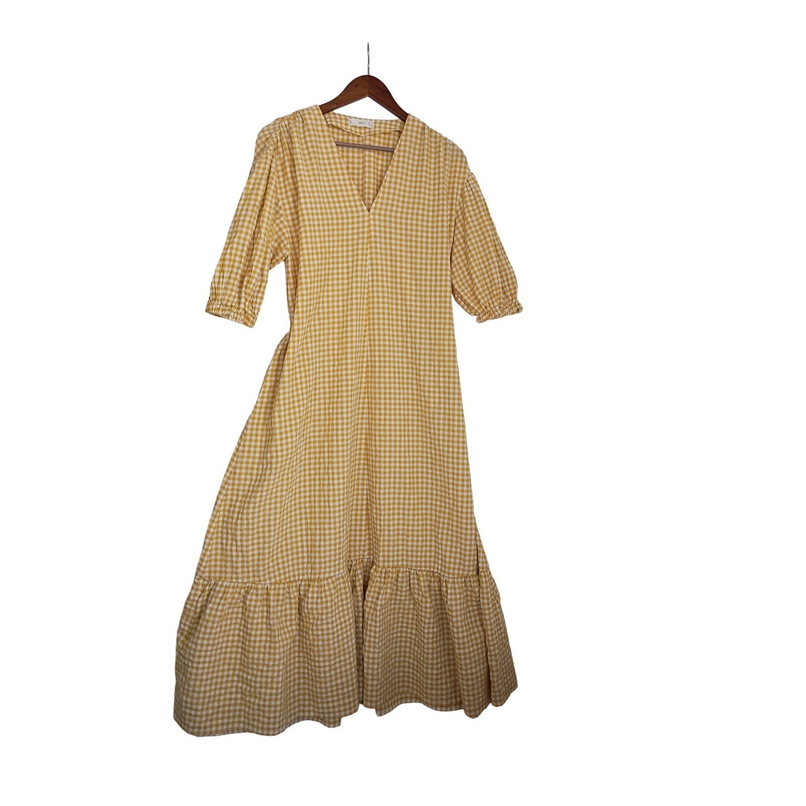 Mango MNG Cotton Gingham Puff Slv Tiered Maxi Dress M/L PTP 21" Cottagecore $129
