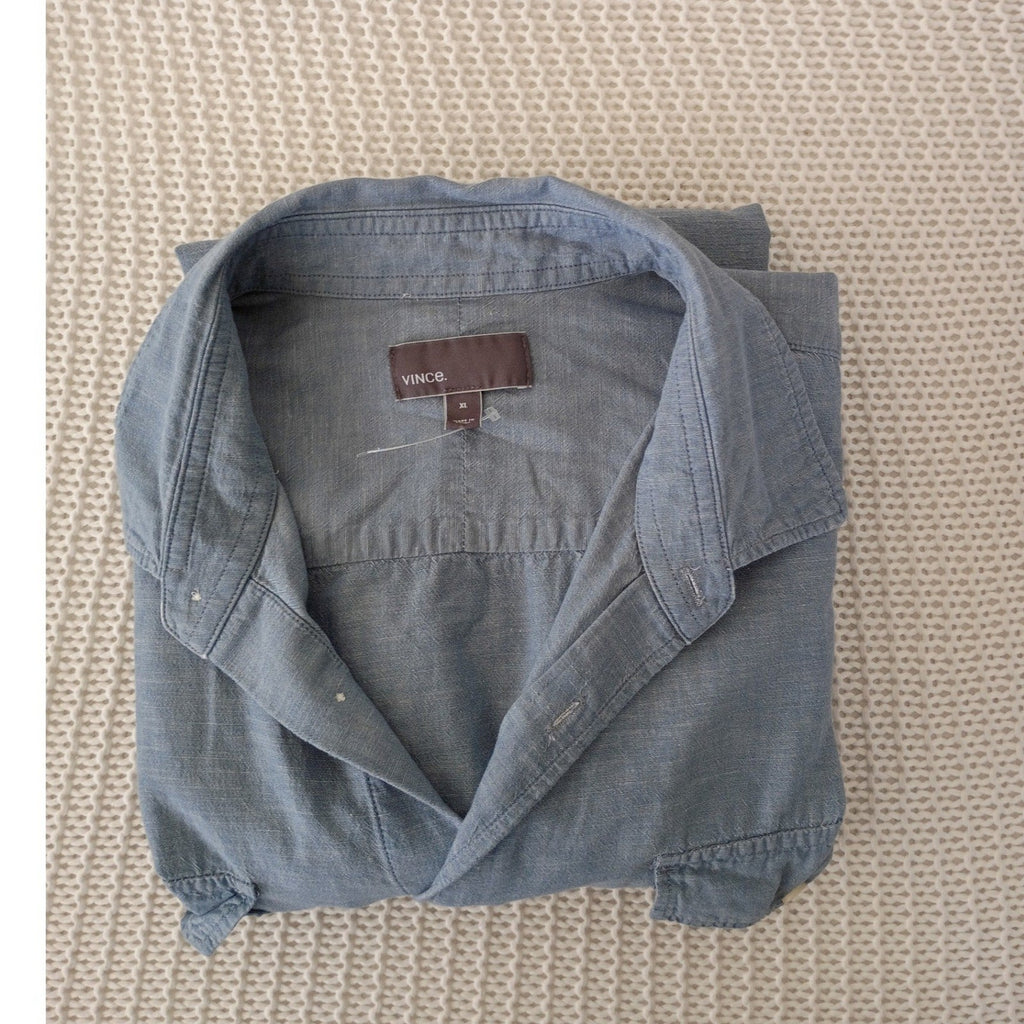 Vince XL Blue Cotton Linen Chambray Button Down Shirt Long Slv Pockets $245