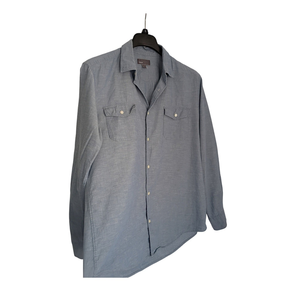 Vince XL Blue Cotton Linen Chambray Button Down Shirt Long Slv Pockets $245
