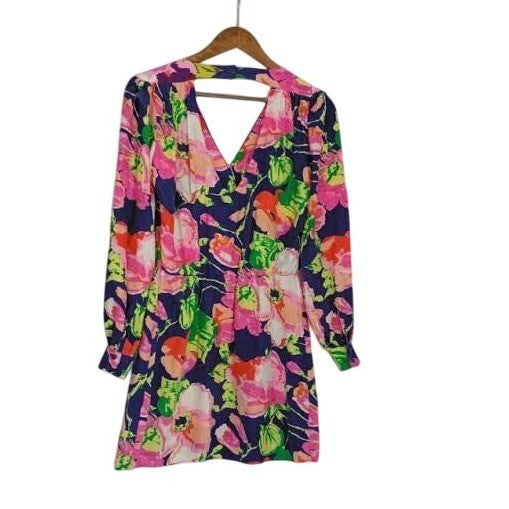 PARKER 100% Silk Floral Mini Dress Navy Pink V-Neck Back Cutout XS NWOT $338 USA