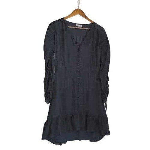 PARKER Silk Blend Ruched Sleeve Button Front Ruffle Mini Dress Gray S Cocktail
