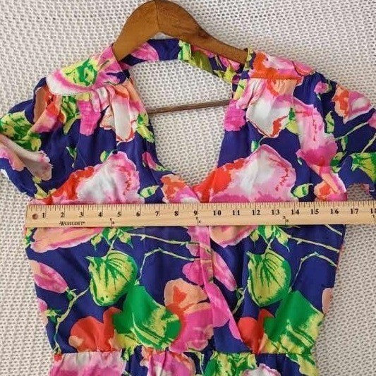 PARKER 100% Silk Floral Mini Dress Navy Pink V-Neck Back Cutout XS NWOT $338 USA