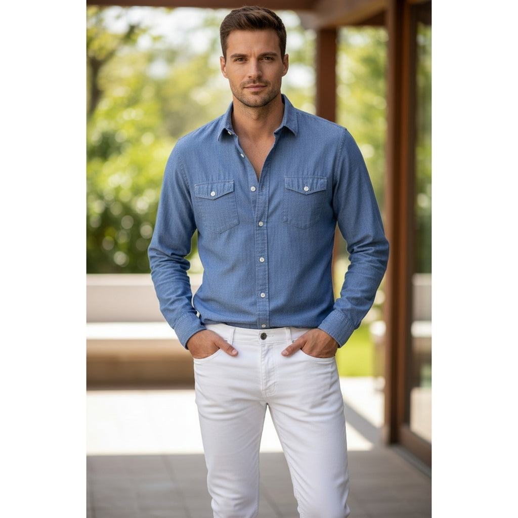 Vince XL Blue Cotton Linen Chambray Button Down Shirt Long Slv Pockets $245