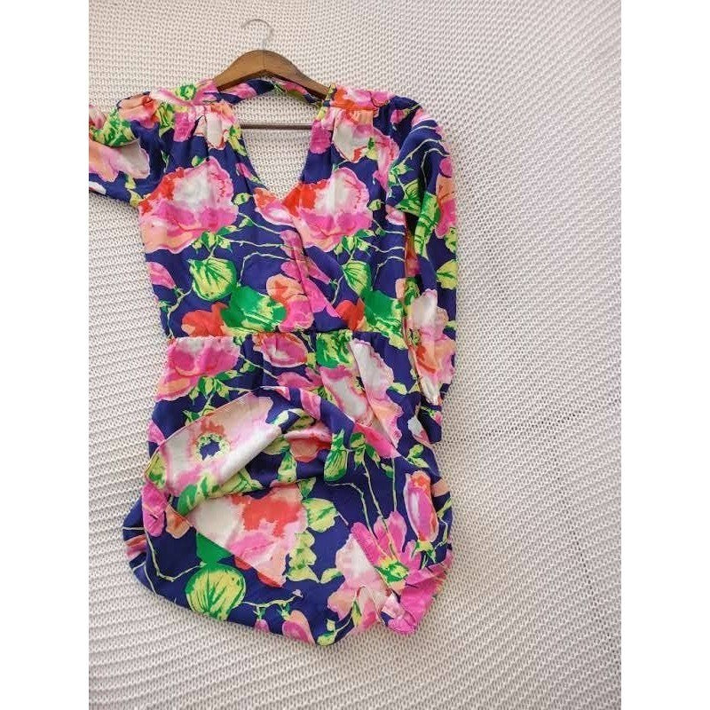 PARKER 100% Silk Floral Mini Dress Navy Pink V-Neck Back Cutout XS NWOT $338 USA