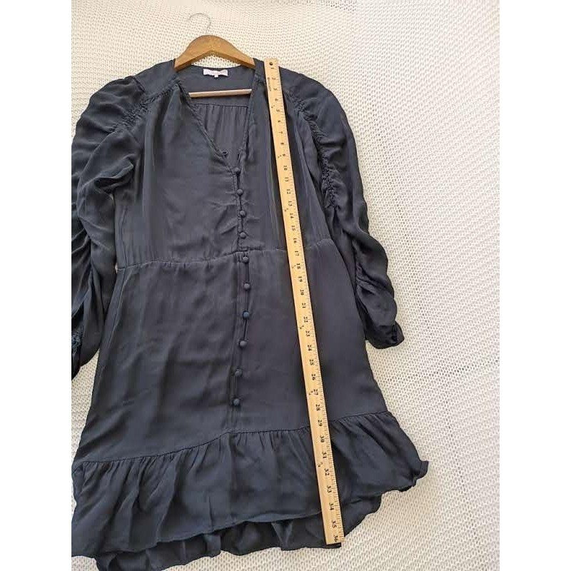 PARKER Silk Blend Ruched Sleeve Button Front Ruffle Mini Dress Gray S Cocktail