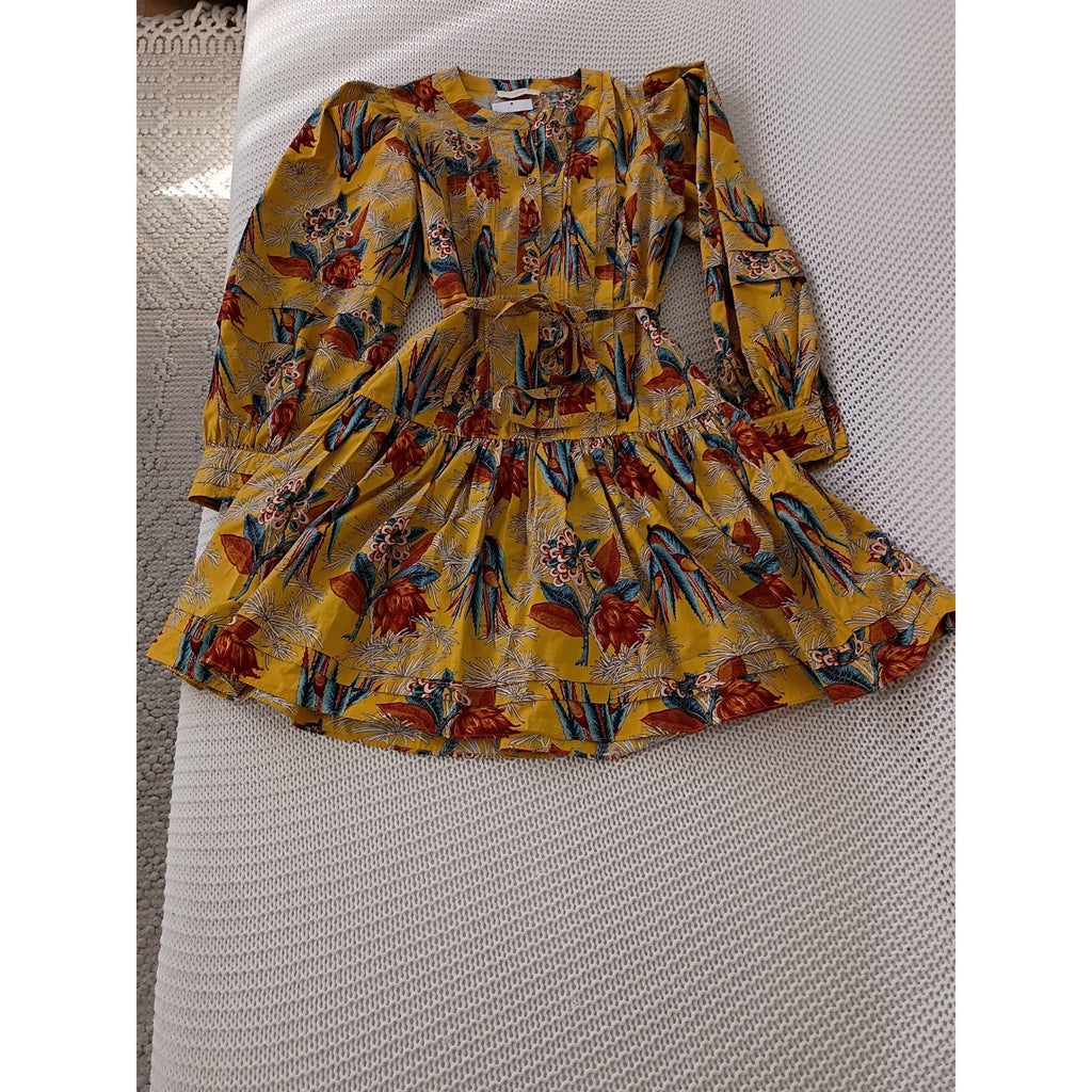 Ulla Johnson Yellow Floral 100% Cotton Tiered Mini Dress Puff Sleeve NWOT 4