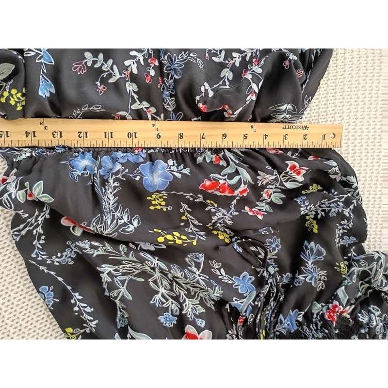 PARKER Black Floral 100% Silk Romper Lg Slv OffShoulder Smocked Fits S NWOT $338