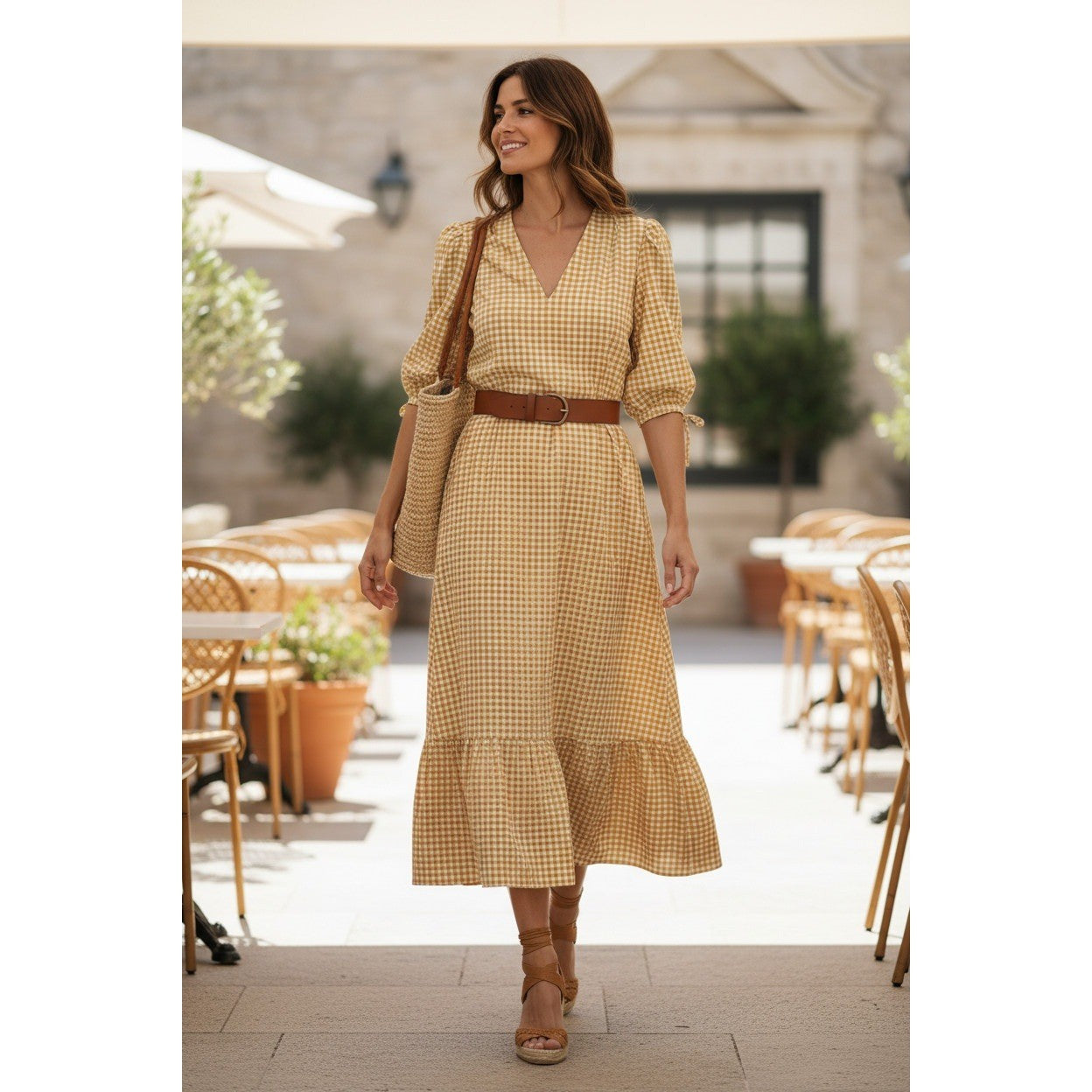 Mango MNG Cotton Gingham Puff Slv Tiered Maxi Dress M/L PTP 21" Cottagecore $129