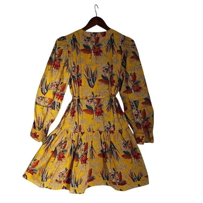 Ulla Johnson Yellow Floral 100% Cotton Tiered Mini Dress Puff Sleeve NWOT 4