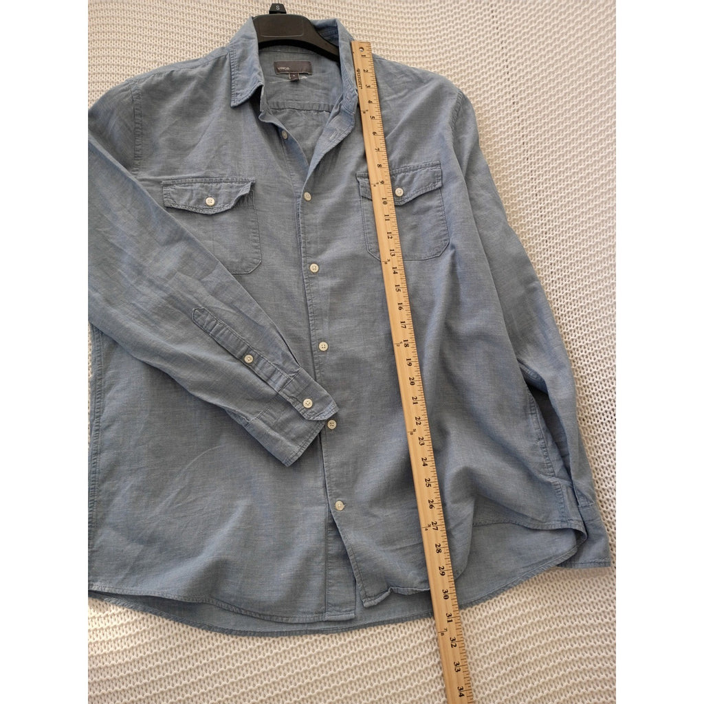Vince XL Blue Cotton Linen Chambray Button Down Shirt Long Slv Pockets $245
