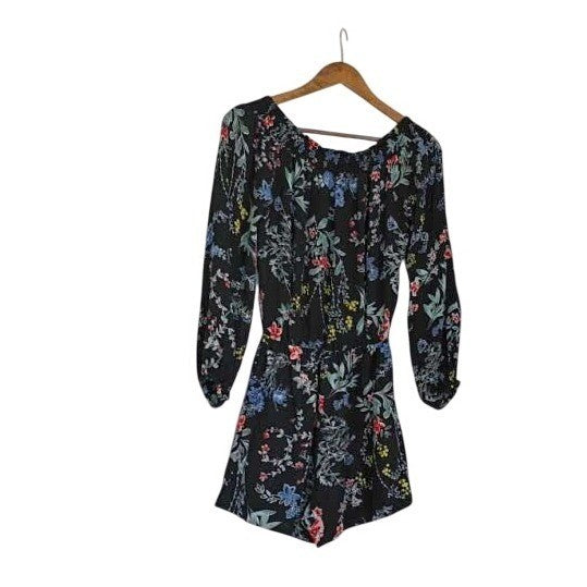 PARKER Black Floral 100% Silk Romper Lg Slv OffShoulder Smocked Fits S NWOT $338