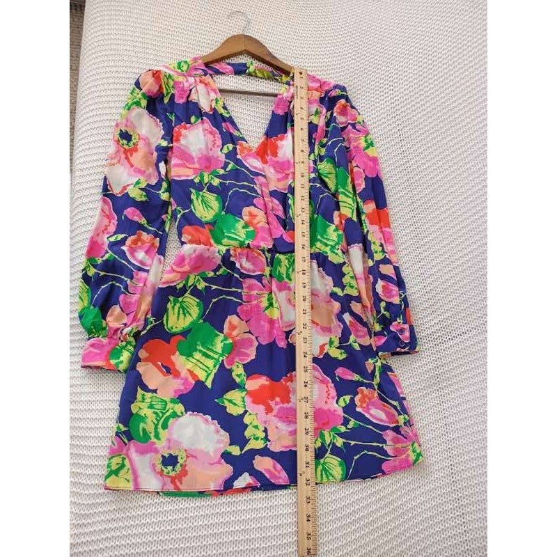 PARKER 100% Silk Floral Mini Dress Navy Pink V-Neck Back Cutout XS NWOT $338 USA