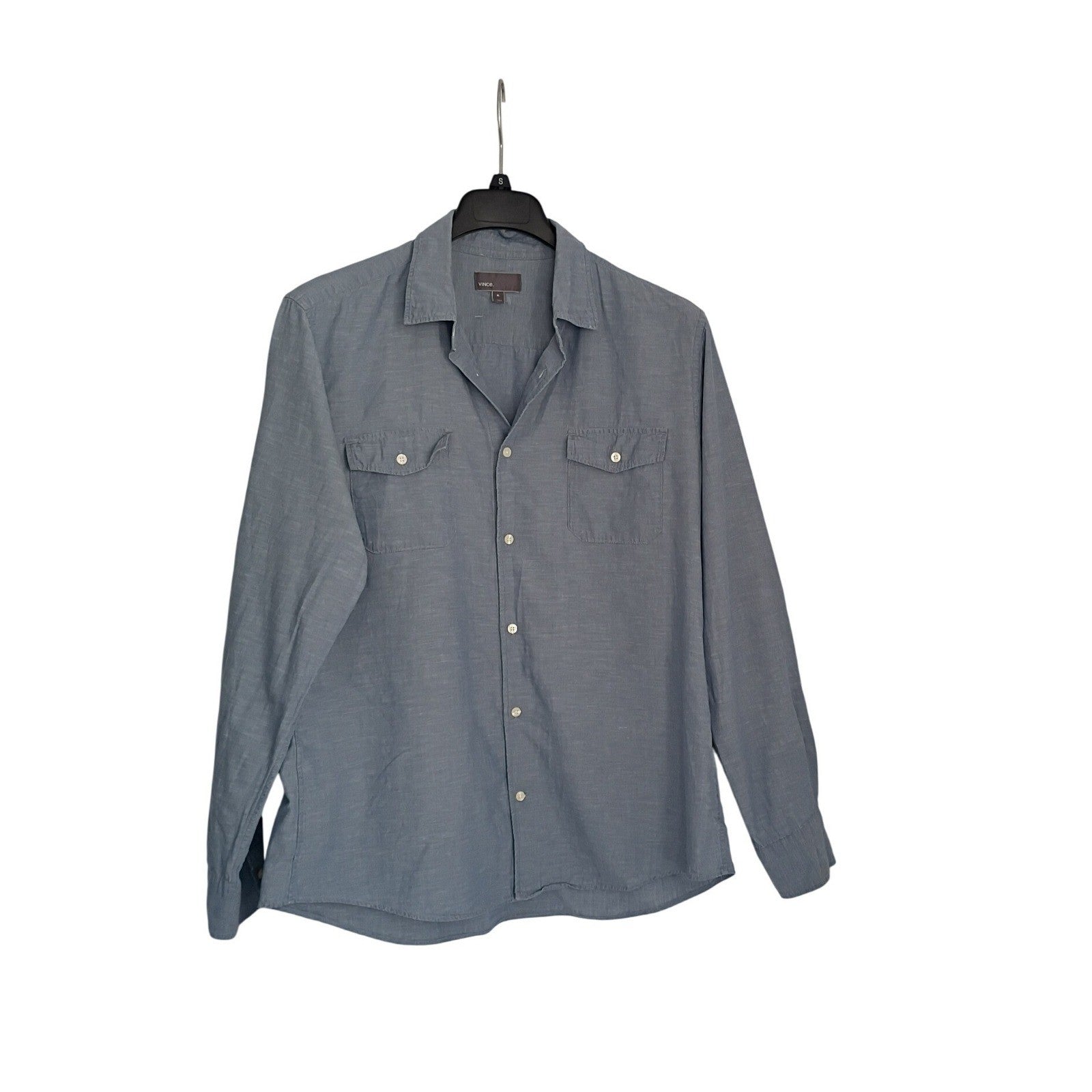 Vince XL Blue Cotton Linen Chambray Button Down Shirt Long Slv Pockets $245